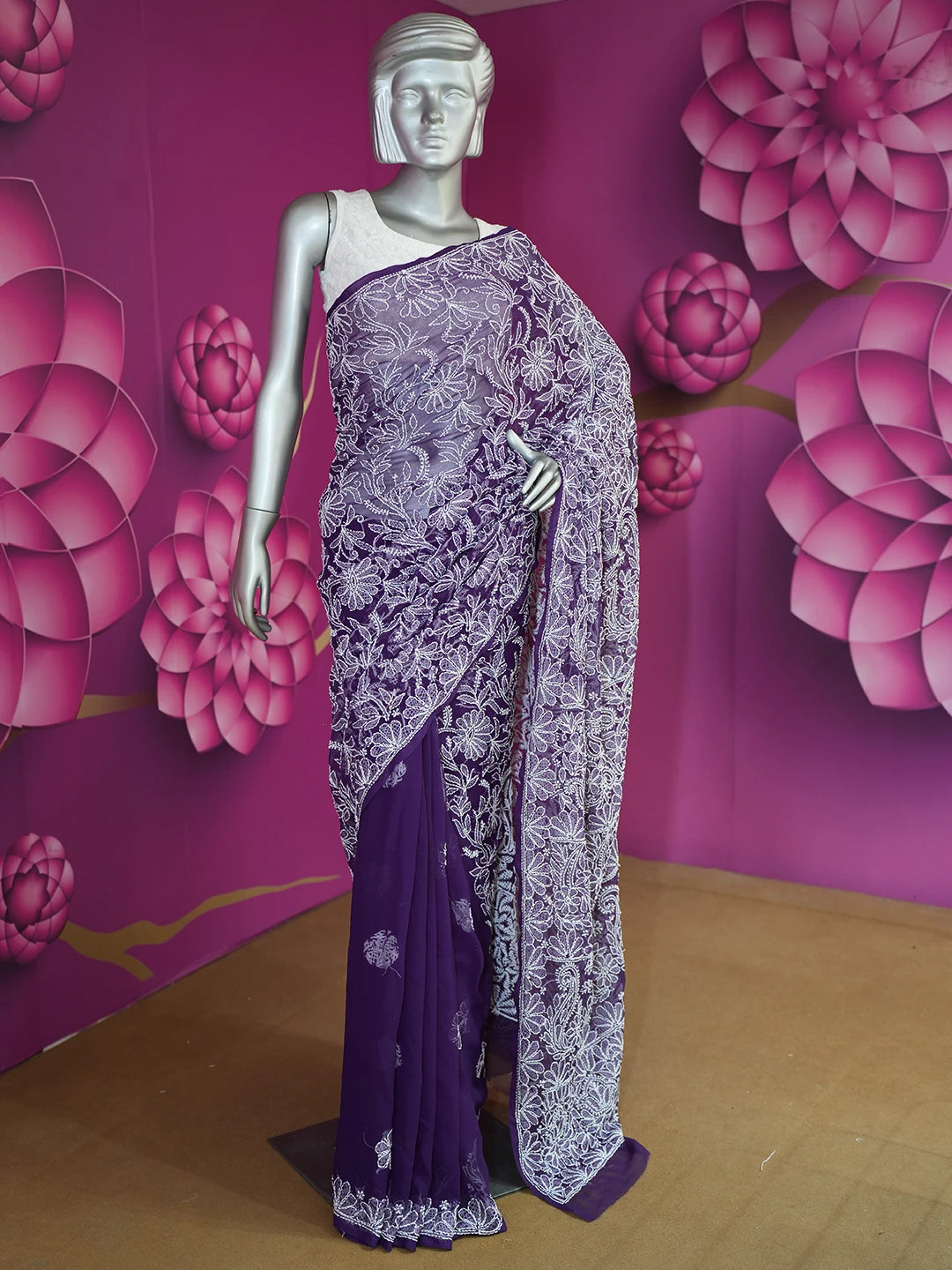 Ada Hand Embroidered Purple Faux Georgette Lucknowi Chikankari Saree and Blouse 01A583376