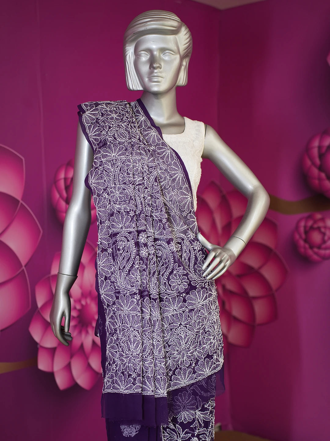 Ada Hand Embroidered Purple Faux Georgette Lucknowi Chikankari Saree and Blouse 01A583376