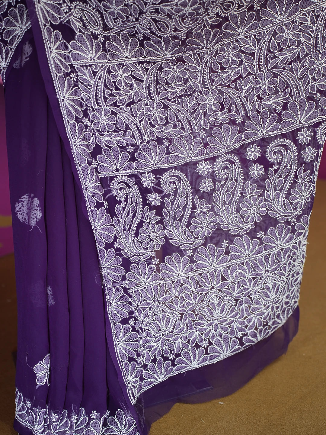 Ada Hand Embroidered Purple Faux Georgette Lucknowi Chikankari Saree and Blouse 01A583376