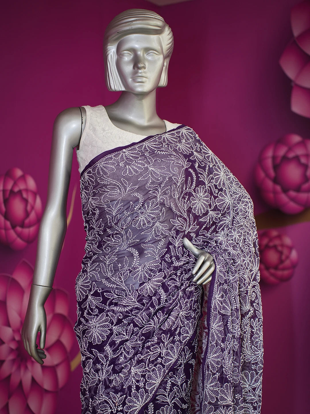 Ada Hand Embroidered Purple Faux Georgette Lucknowi Chikankari Saree and Blouse 01A583376