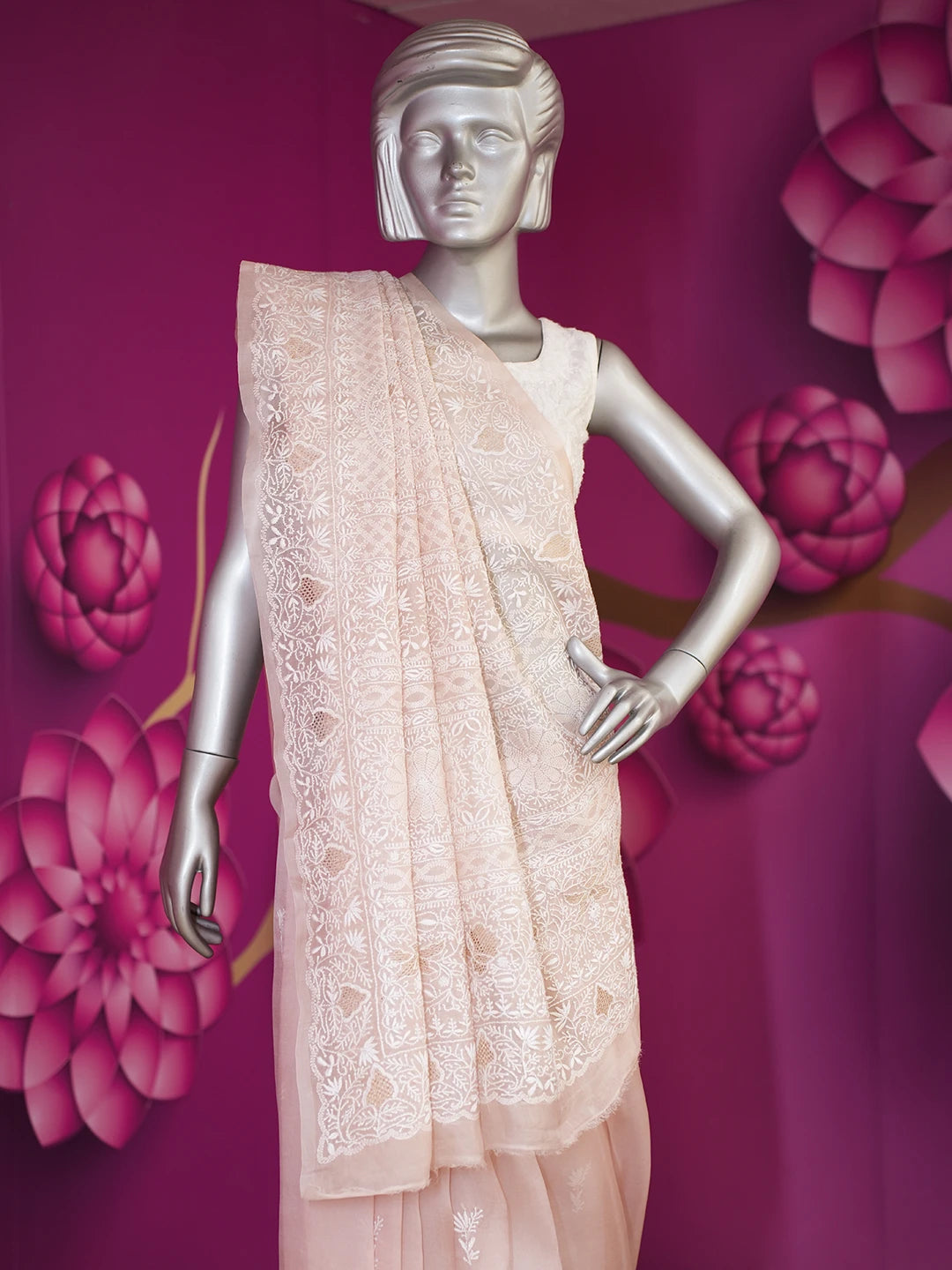 Ada Hand Embroidered Dusty Peach Organza Lucknowi Chikankari Saree and Blouse 01A575691