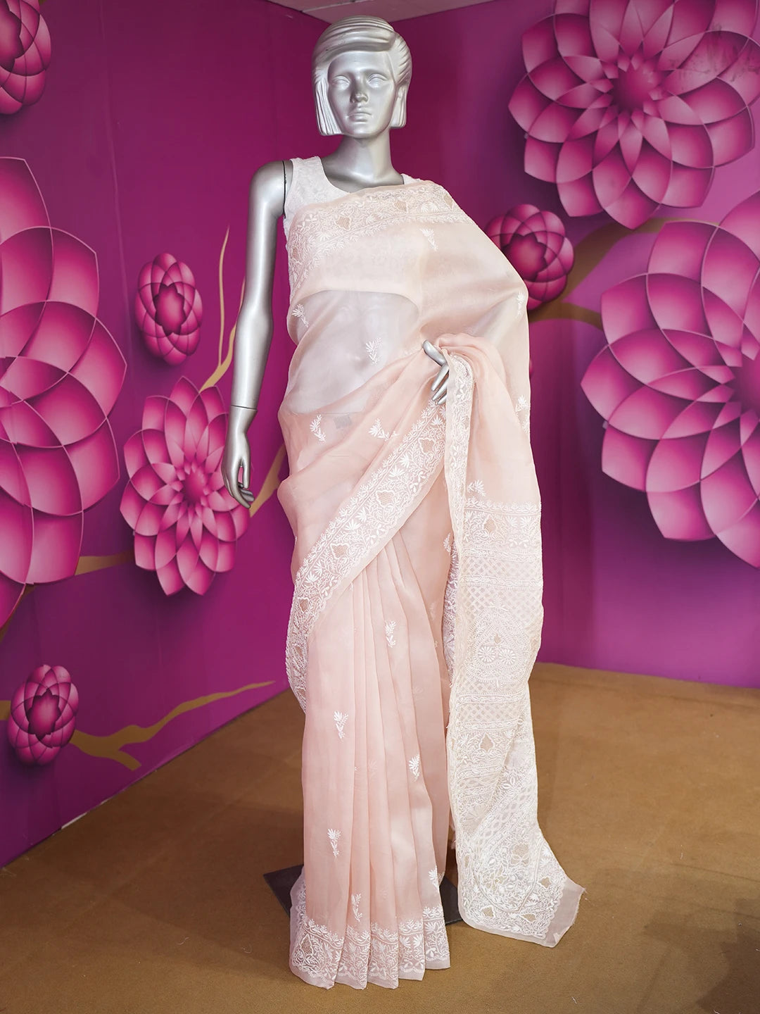 Ada Hand Embroidered Dusty Peach Organza Lucknowi Chikankari Saree and Blouse 01A575691
