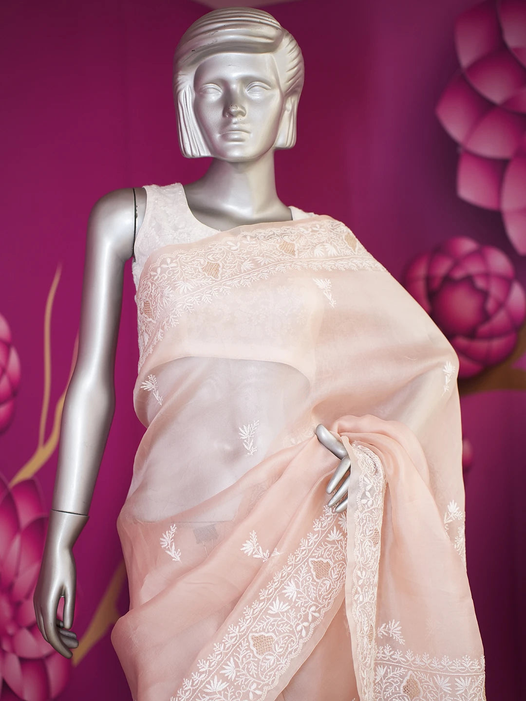 Ada Hand Embroidered Dusty Peach Organza Lucknowi Chikankari Saree and Blouse 01A575691