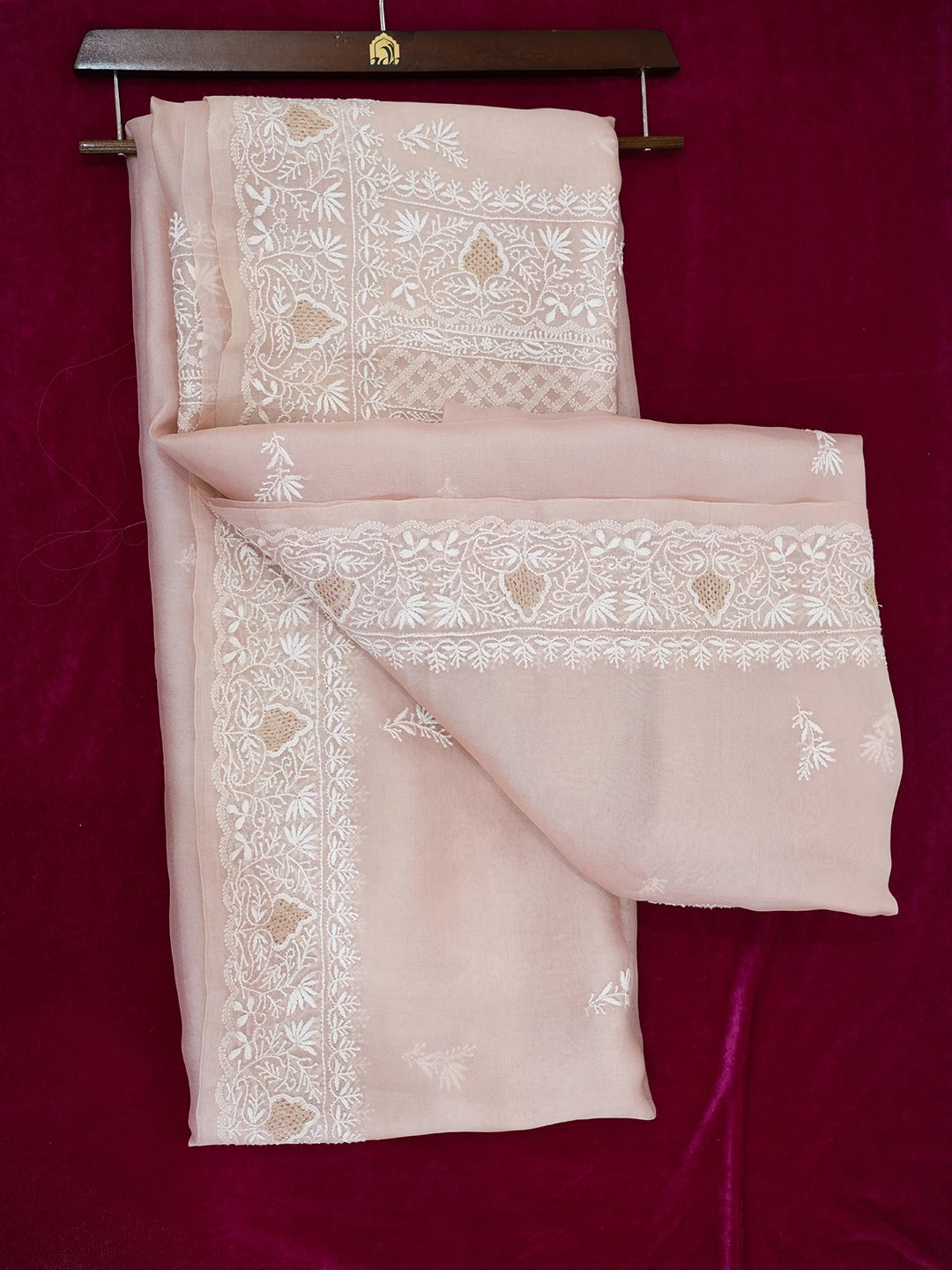 Ada Hand Embroidered Dusty Peach Organza Lucknowi Chikankari Saree and Blouse 01A575691
