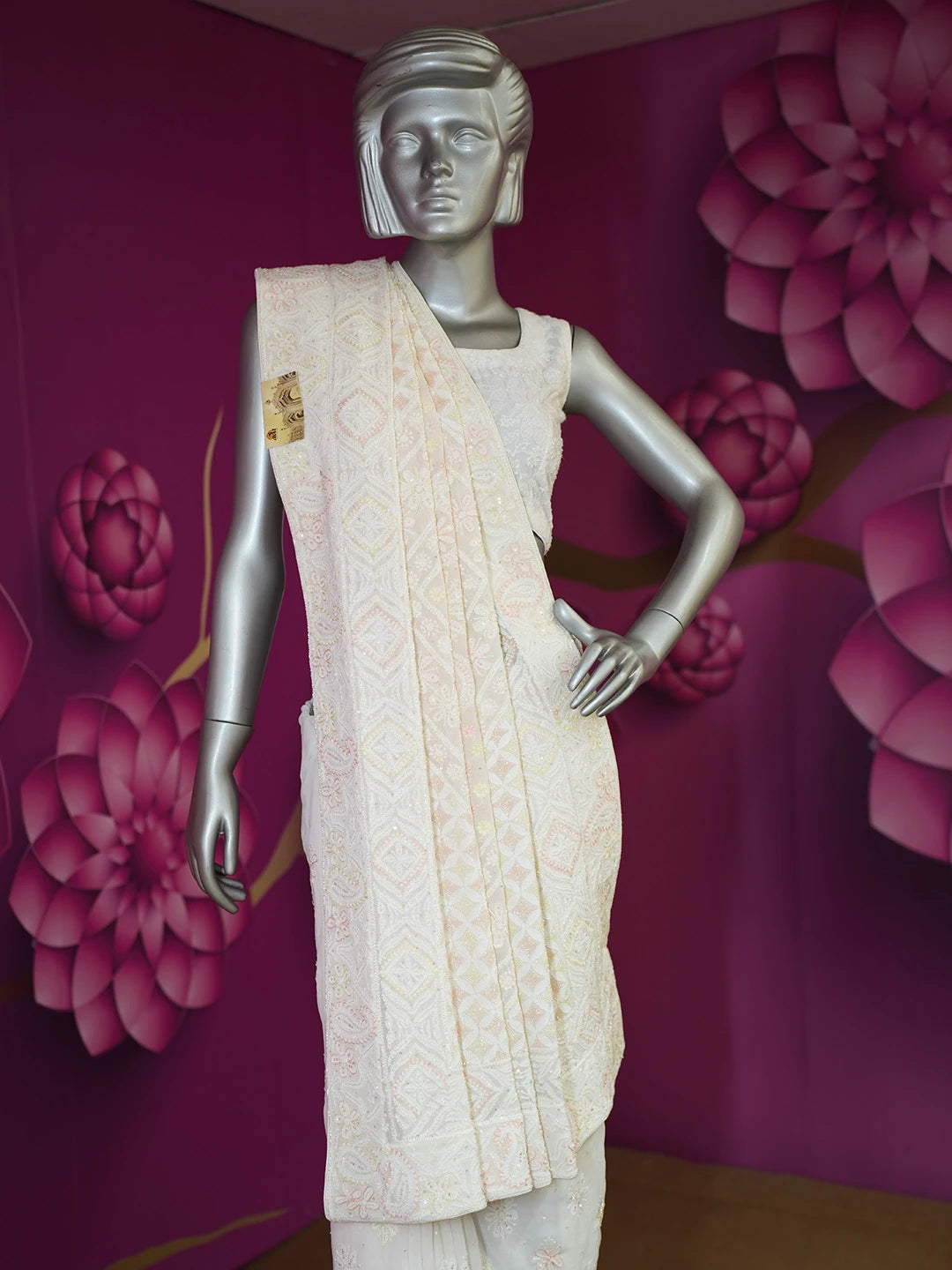 Ada Hand Embroidered White Pure Georgette Lucknowi Chikankari Saree and Blouse with Cutdana Work 01A542465