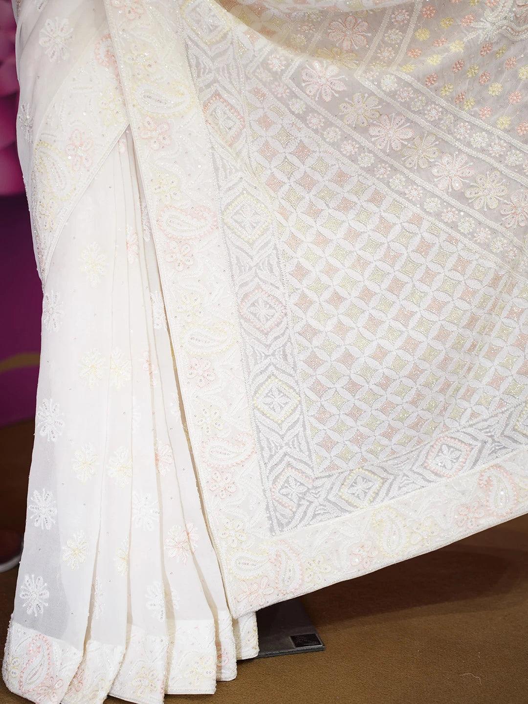 Ada Hand Embroidered White Pure Georgette Lucknowi Chikankari Saree and Blouse with Cutdana Work 01A542465