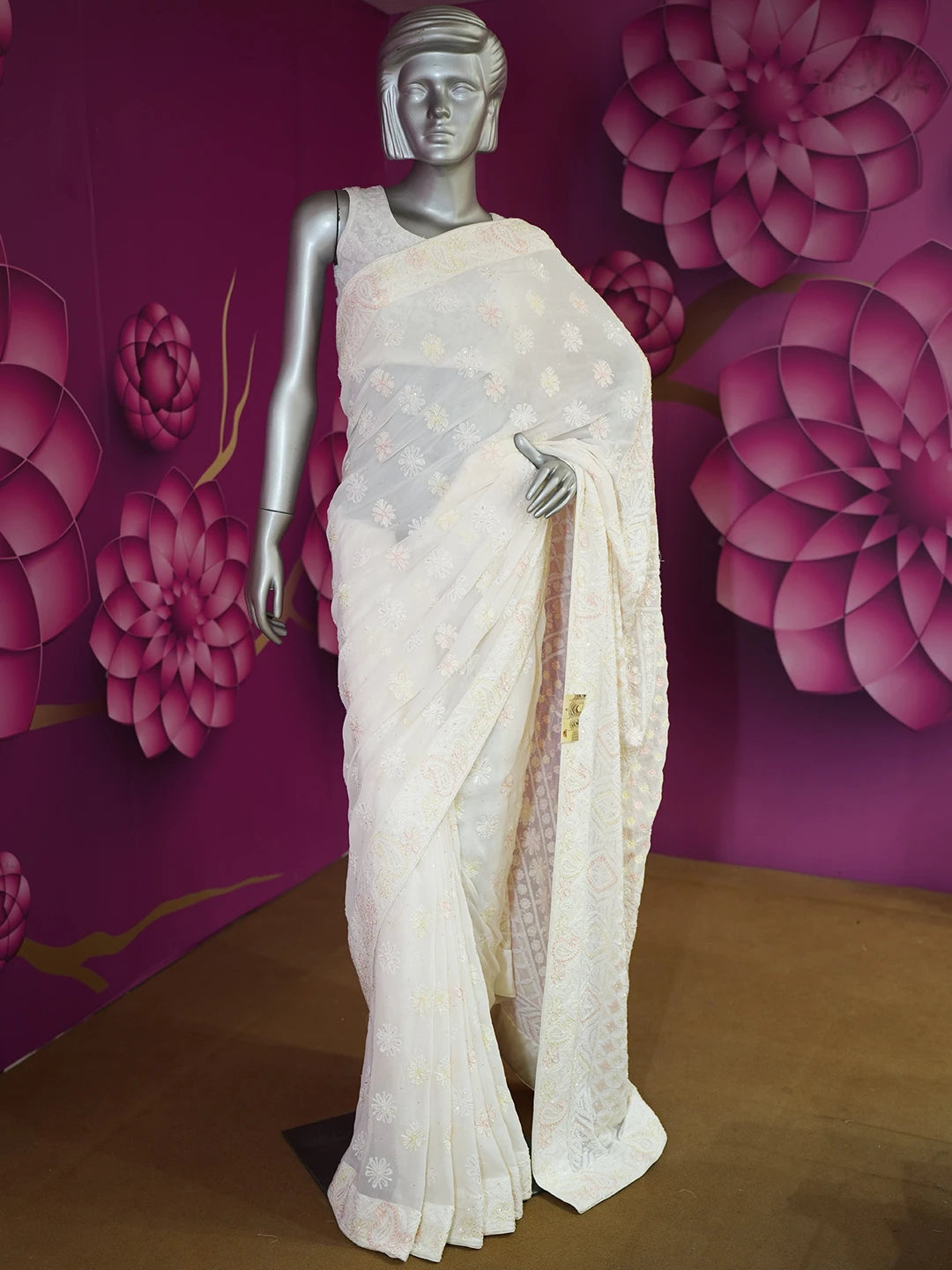 Ada Hand Embroidered White Pure Georgette Lucknowi Chikankari Saree and Blouse with Cutdana Work 01A542465