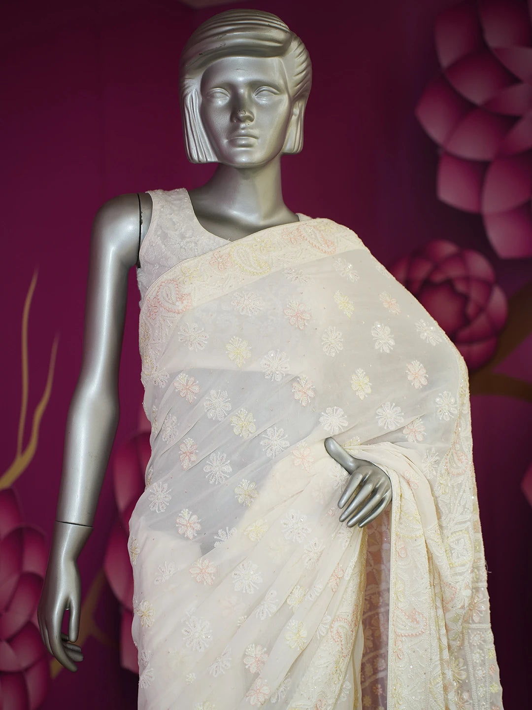 Ada Hand Embroidered White Pure Georgette Lucknowi Chikankari Saree and Blouse with Cutdana Work 01A542465