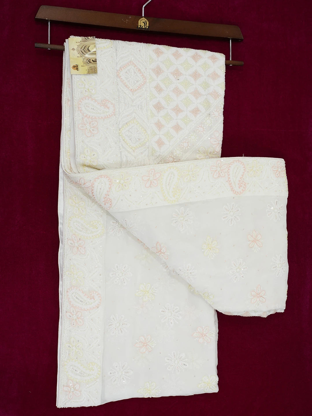 Ada Hand Embroidered White Pure Georgette Lucknowi Chikankari Saree and Blouse with Cutdana Work 01A542465