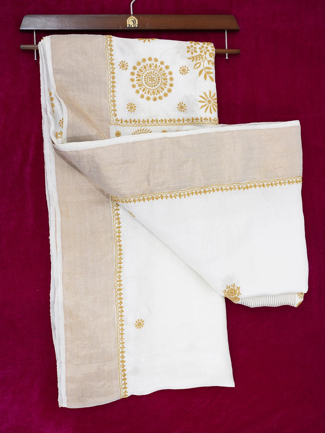 Ada Hand Embroidered White Tussar Silk Lucknowi Chikankari Saree and Blouse 01A374224