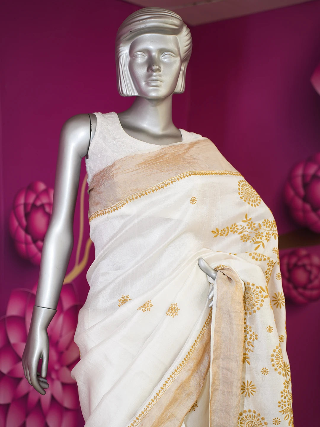 Ada Hand Embroidered White Tussar Silk Lucknowi Chikankari Saree and Blouse 01A374224