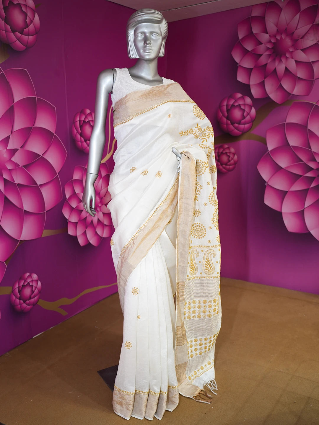 Ada Hand Embroidered White Tussar Silk Lucknowi Chikankari Saree and Blouse 01A374224
