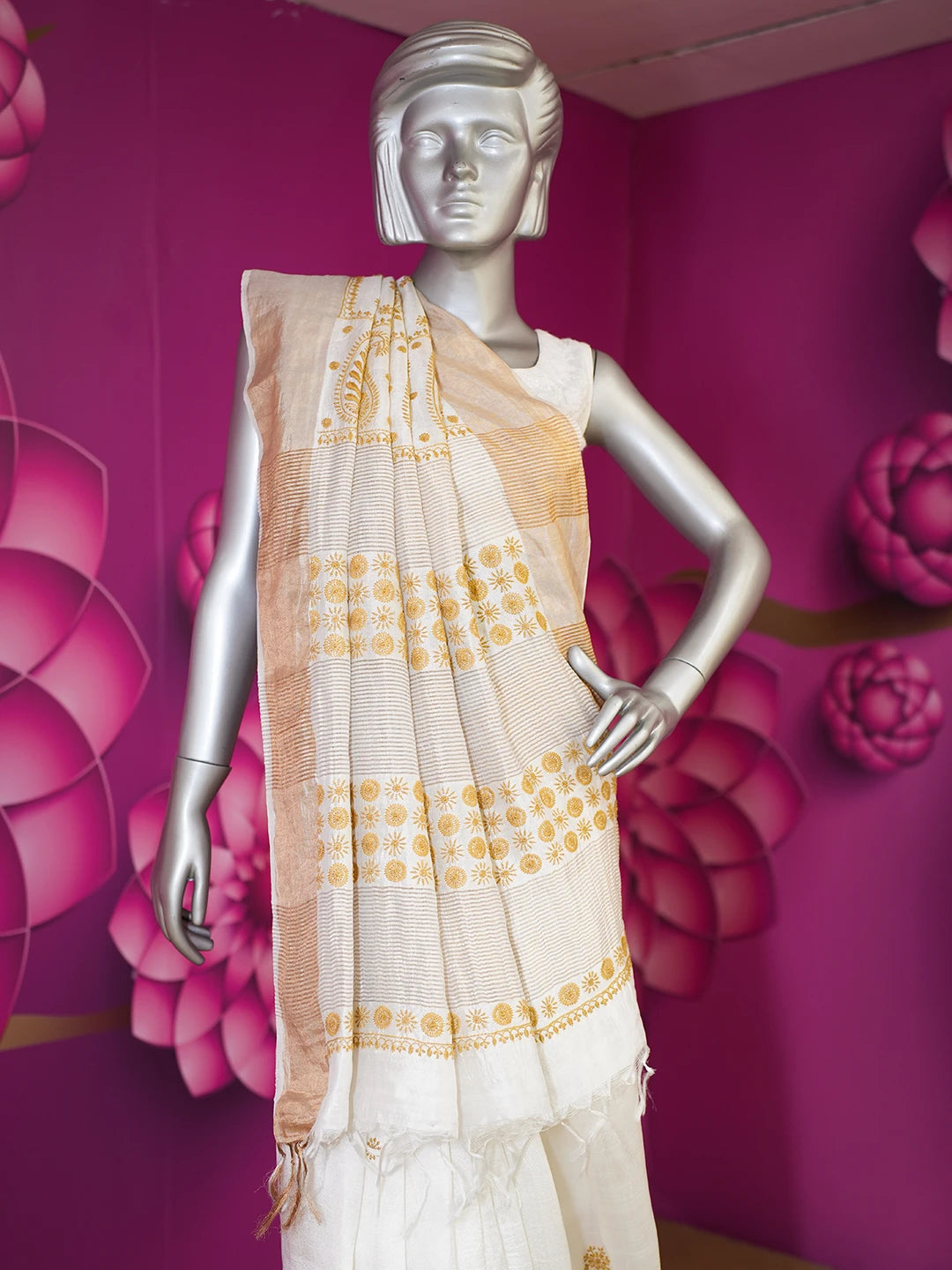 Ada Hand Embroidered White Tussar Silk Lucknowi Chikankari Saree and Blouse 01A374224