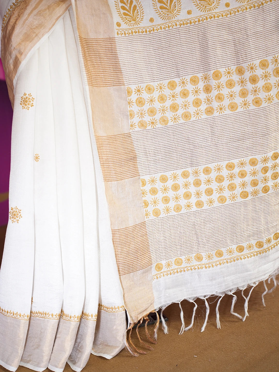 Ada Hand Embroidered White Tussar Silk Lucknowi Chikankari Saree and Blouse 01A374224