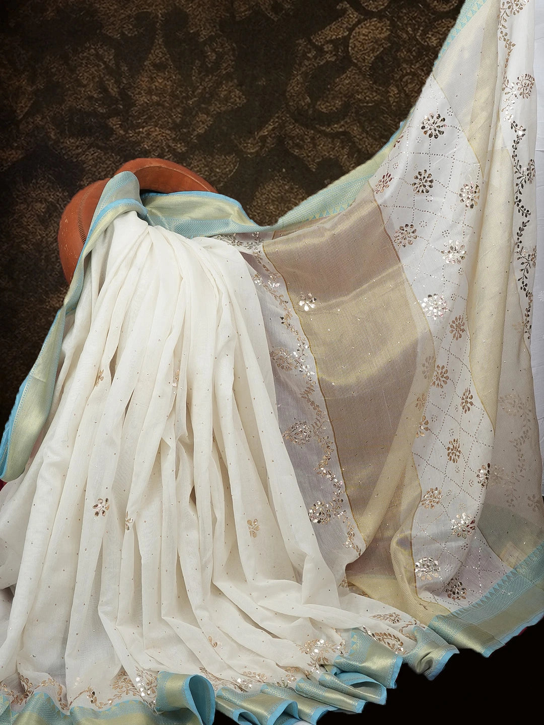 Ada Hand Embroidered Cream Chanderi Lucknowi Chikankari Saree and Blouse With Muqaish Work 01A581304
