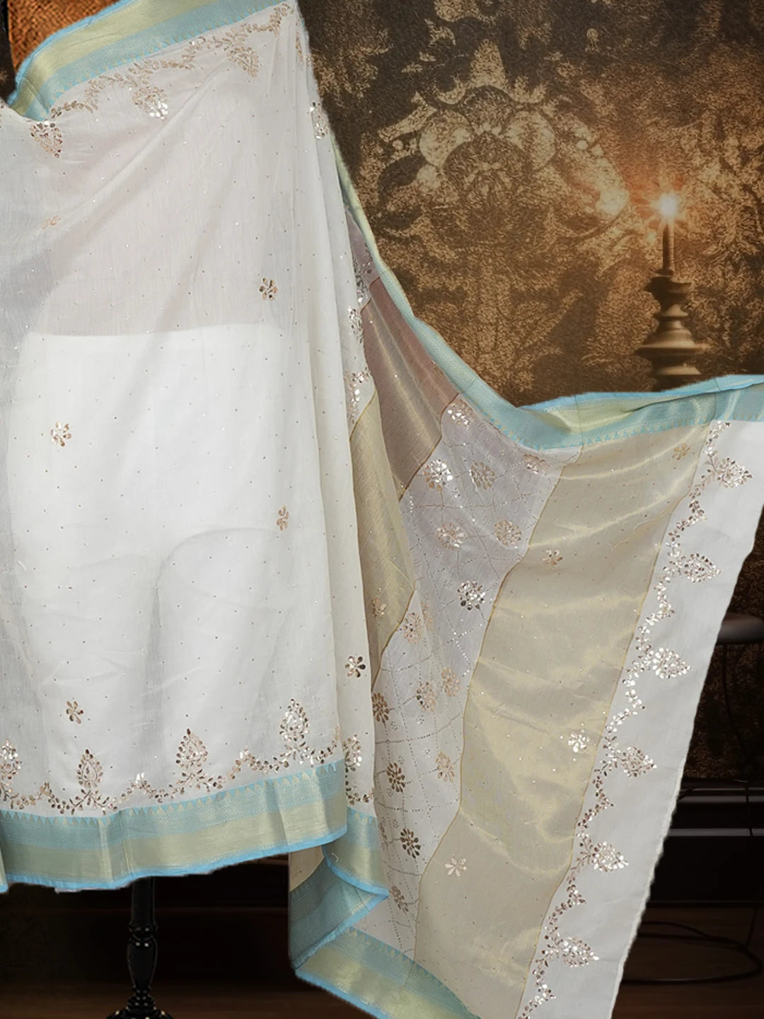 Ada Hand Embroidered Cream Chanderi Lucknowi Chikankari Saree and Blouse With Muqaish Work 01A581304