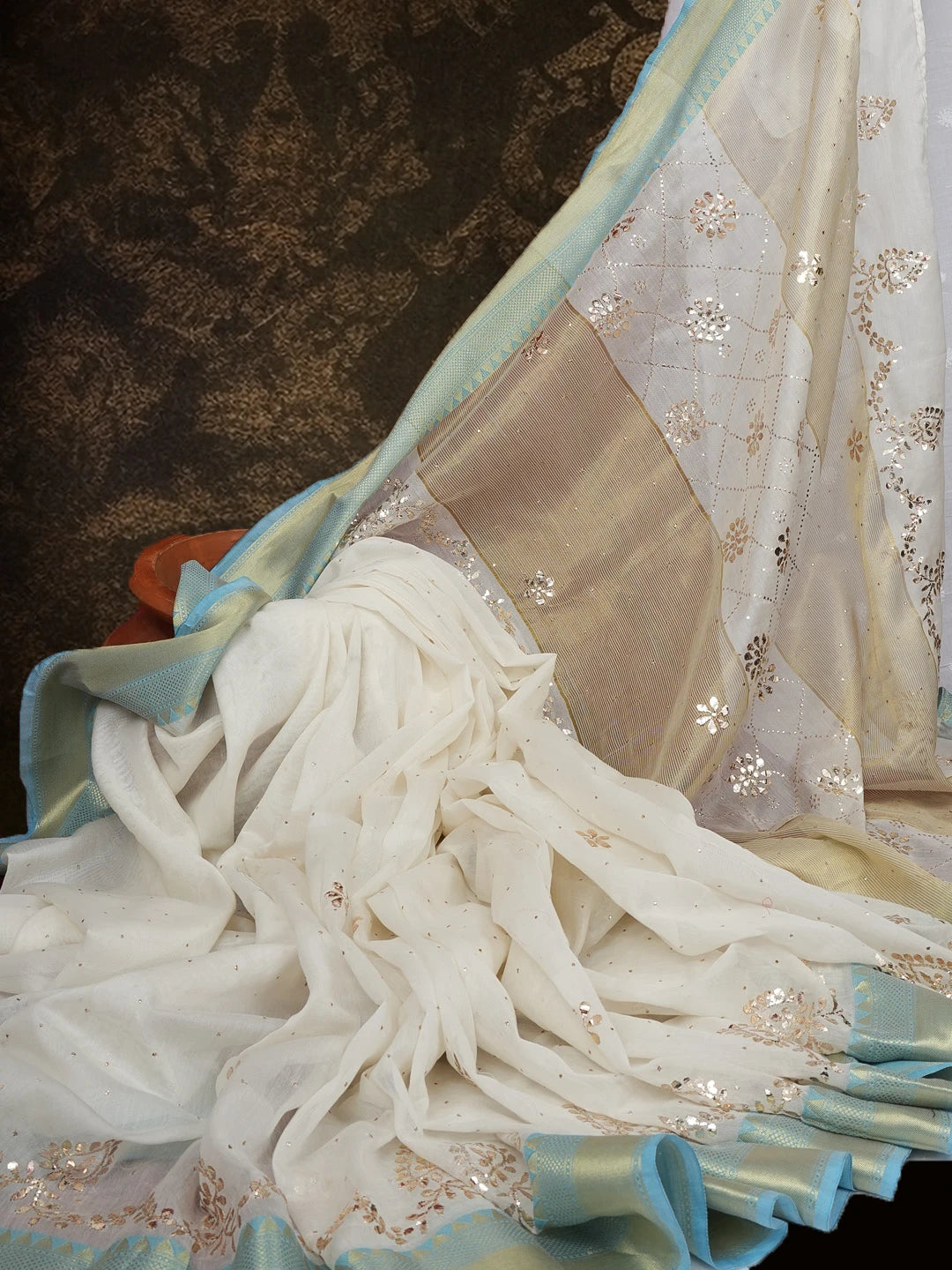 Ada Hand Embroidered Cream Chanderi Lucknowi Chikankari Saree and Blouse With Muqaish Work 01A581304
