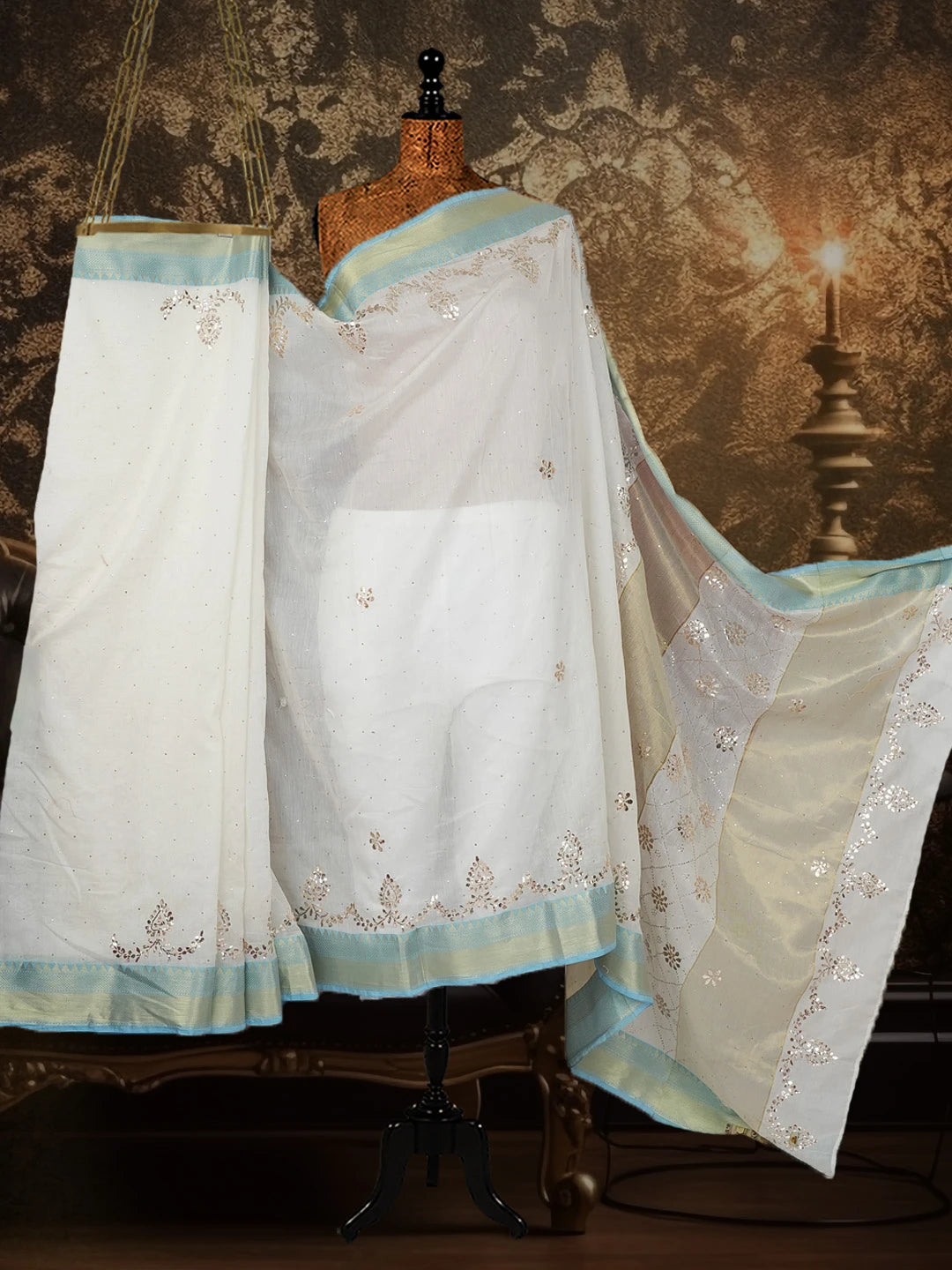 Ada Hand Embroidered Cream Chanderi Lucknowi Chikankari Saree and Blouse With Muqaish Work 01A581304