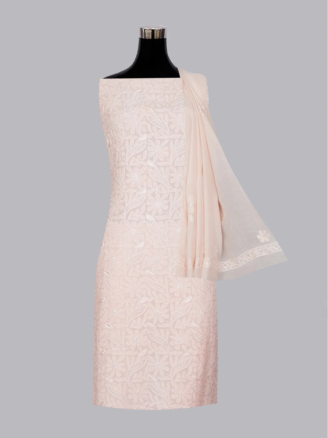 Ada Hand Embroidered Light Peach Muslin Lucknowi Chikankari Unstitched Kurta Dupatta Set 01A584979