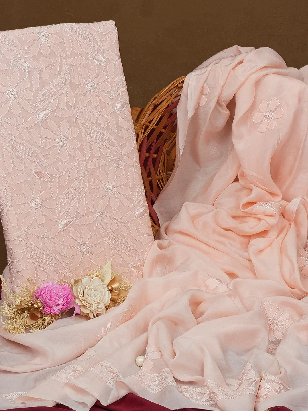 Ada Hand Embroidered Light Peach Muslin Lucknowi Chikankari Unstitched Kurta Dupatta Set 01A584979