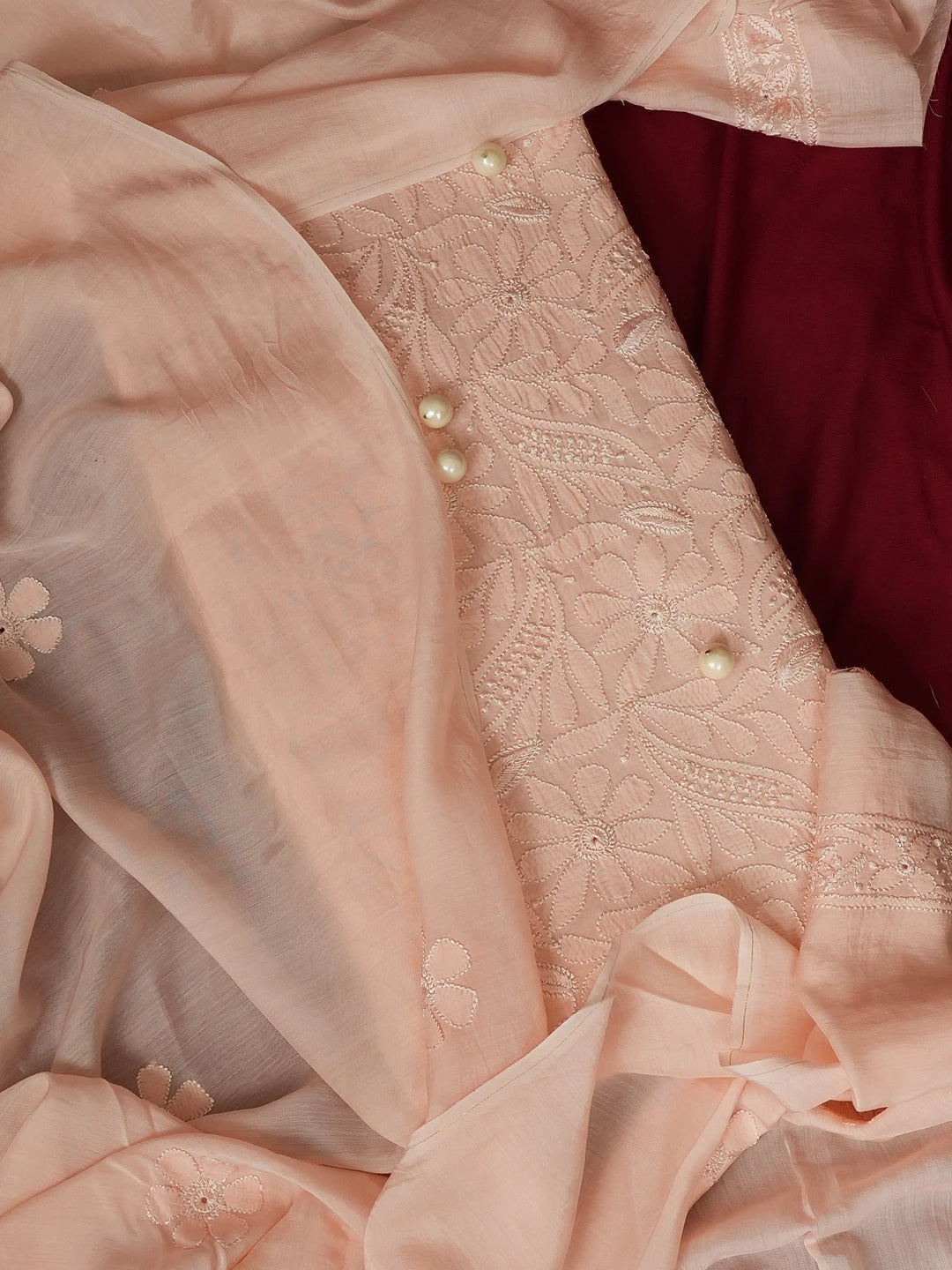 Ada Hand Embroidered Light Peach Muslin Lucknowi Chikankari Unstitched Kurta Dupatta Set 01A584979