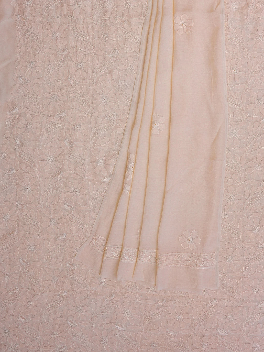 Ada Hand Embroidered Light Peach Muslin Lucknowi Chikankari Unstitched Kurta Dupatta Set 01A584979