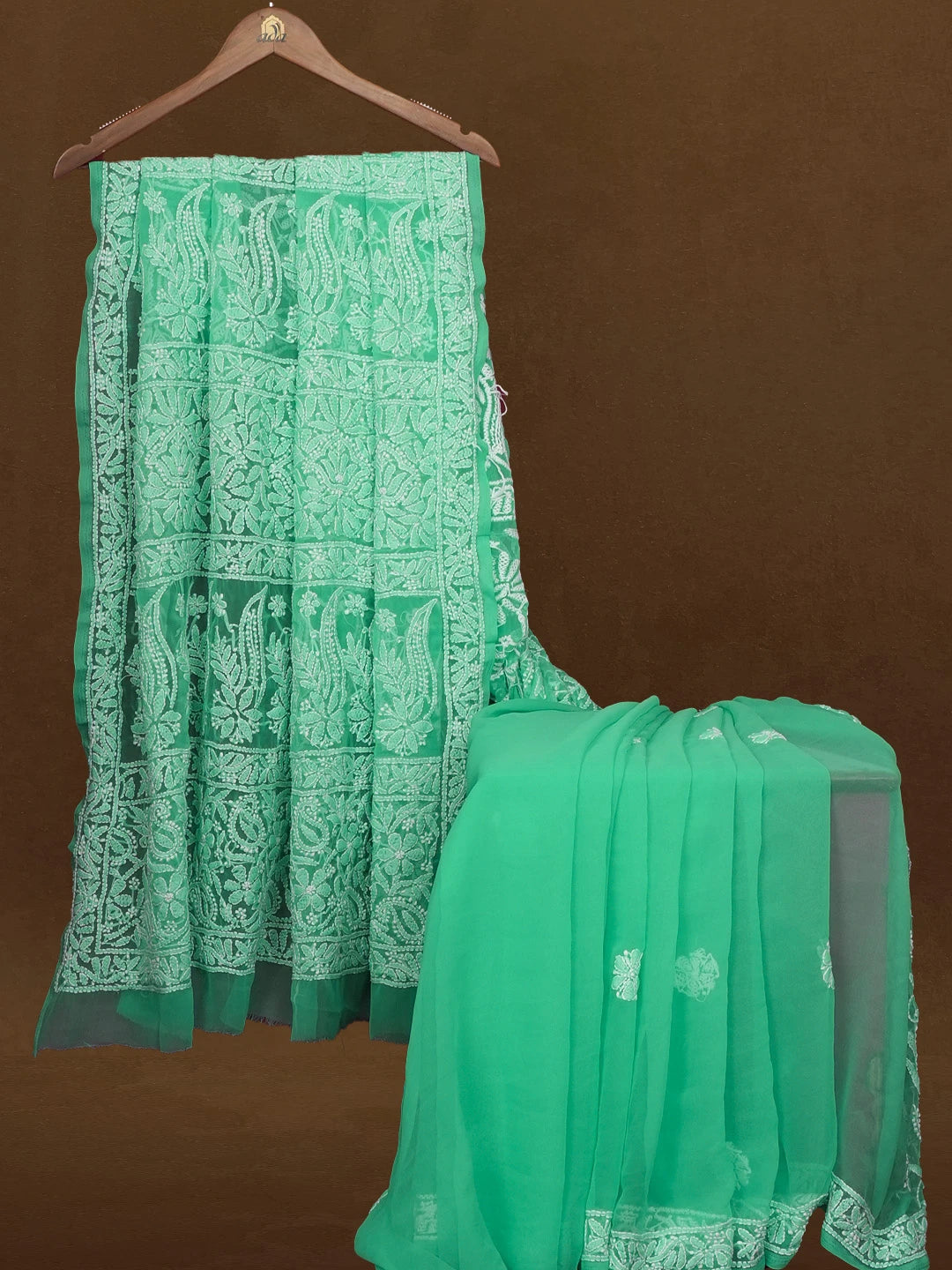 Ada Hand Embroidered Rama Green Faux Georgette Lucknowi Chikankari Saree and Blouse 01A583368