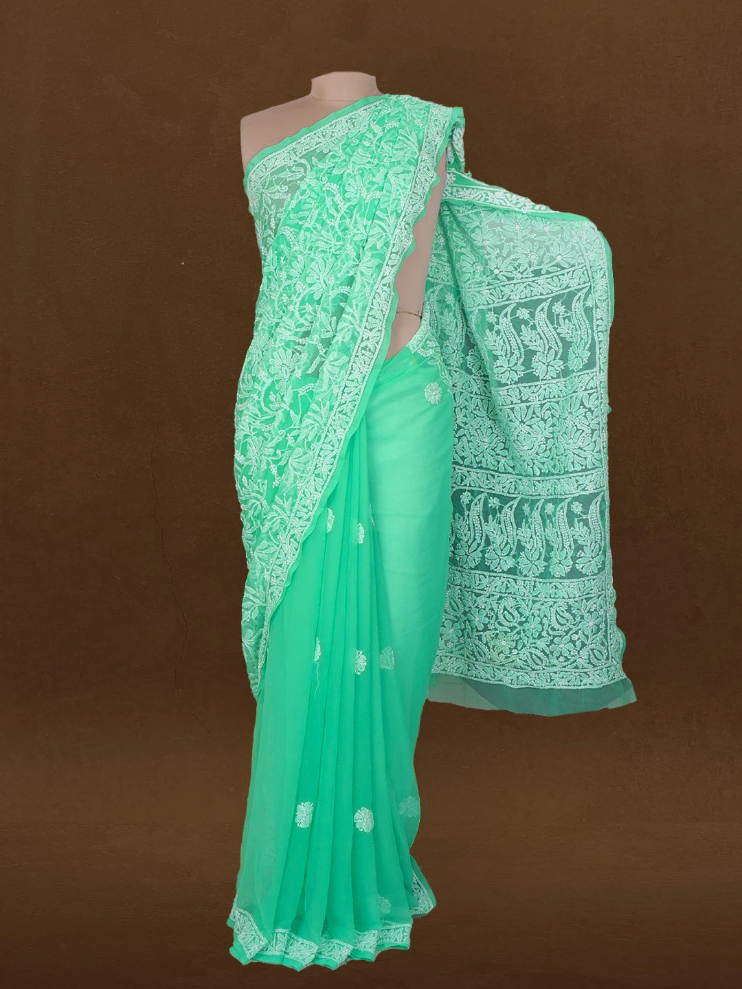 Ada Hand Embroidered Rama Green Faux Georgette Lucknowi Chikankari Saree and Blouse 01A583368