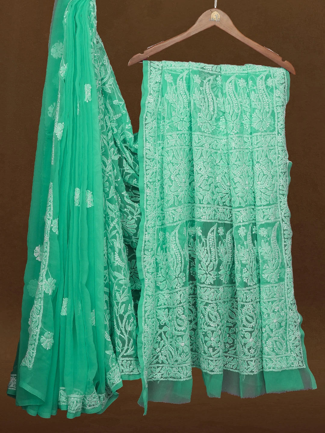 Ada Hand Embroidered Rama Green Faux Georgette Lucknowi Chikankari Saree and Blouse 01A583368