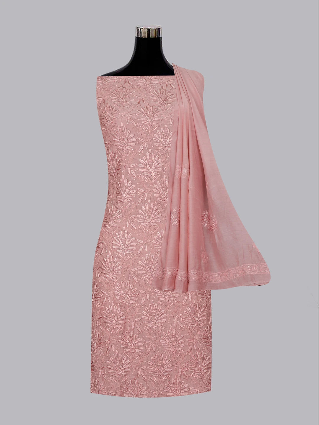 Ada Hand Embroidered Dusty Peach Muslin Lucknowi Chikankari Unstitched Kurta Dupatta Set 01A584968