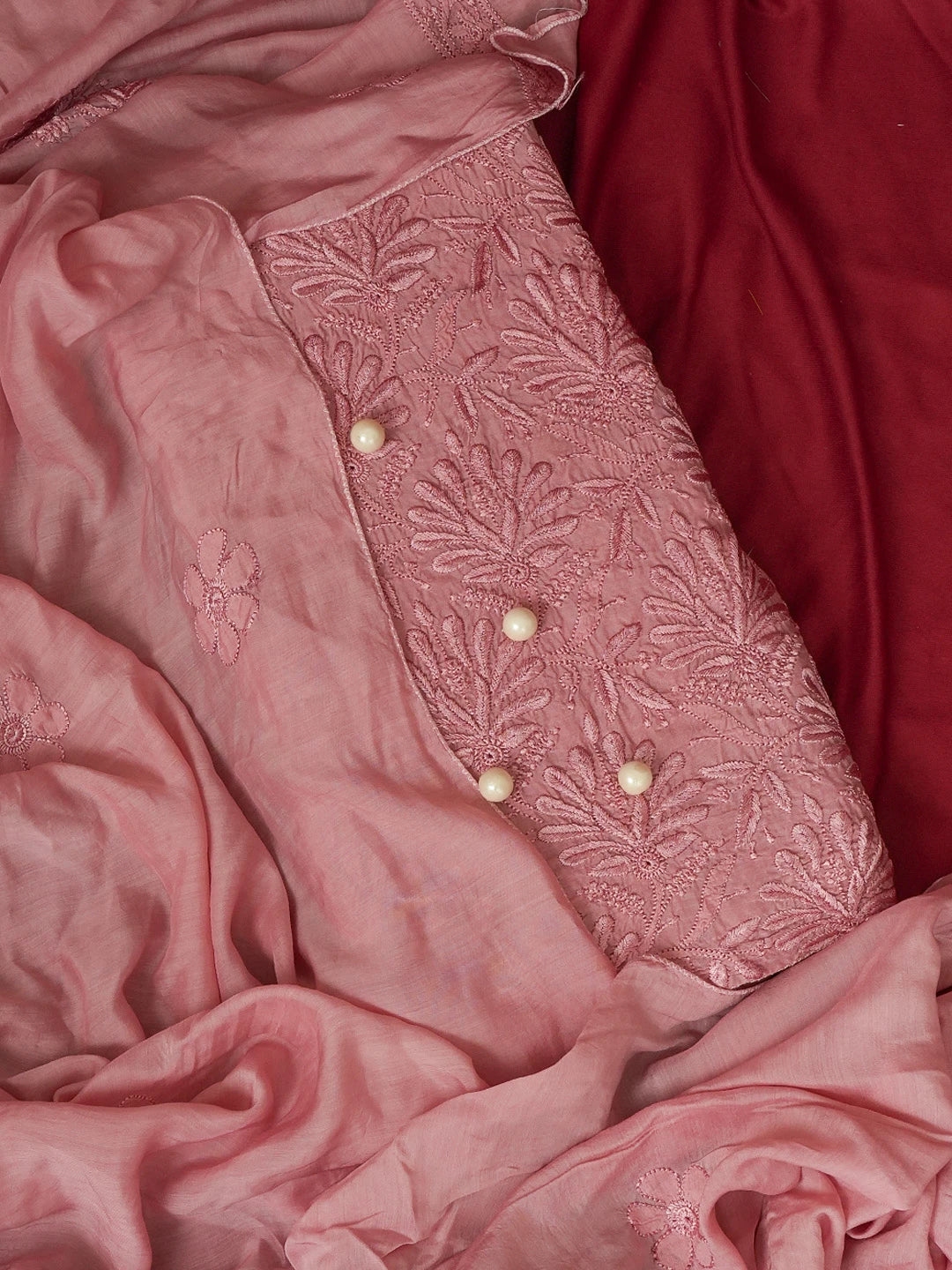 Ada Hand Embroidered Dusty Peach Muslin Lucknowi Chikankari Unstitched Kurta Dupatta Set 01A584968