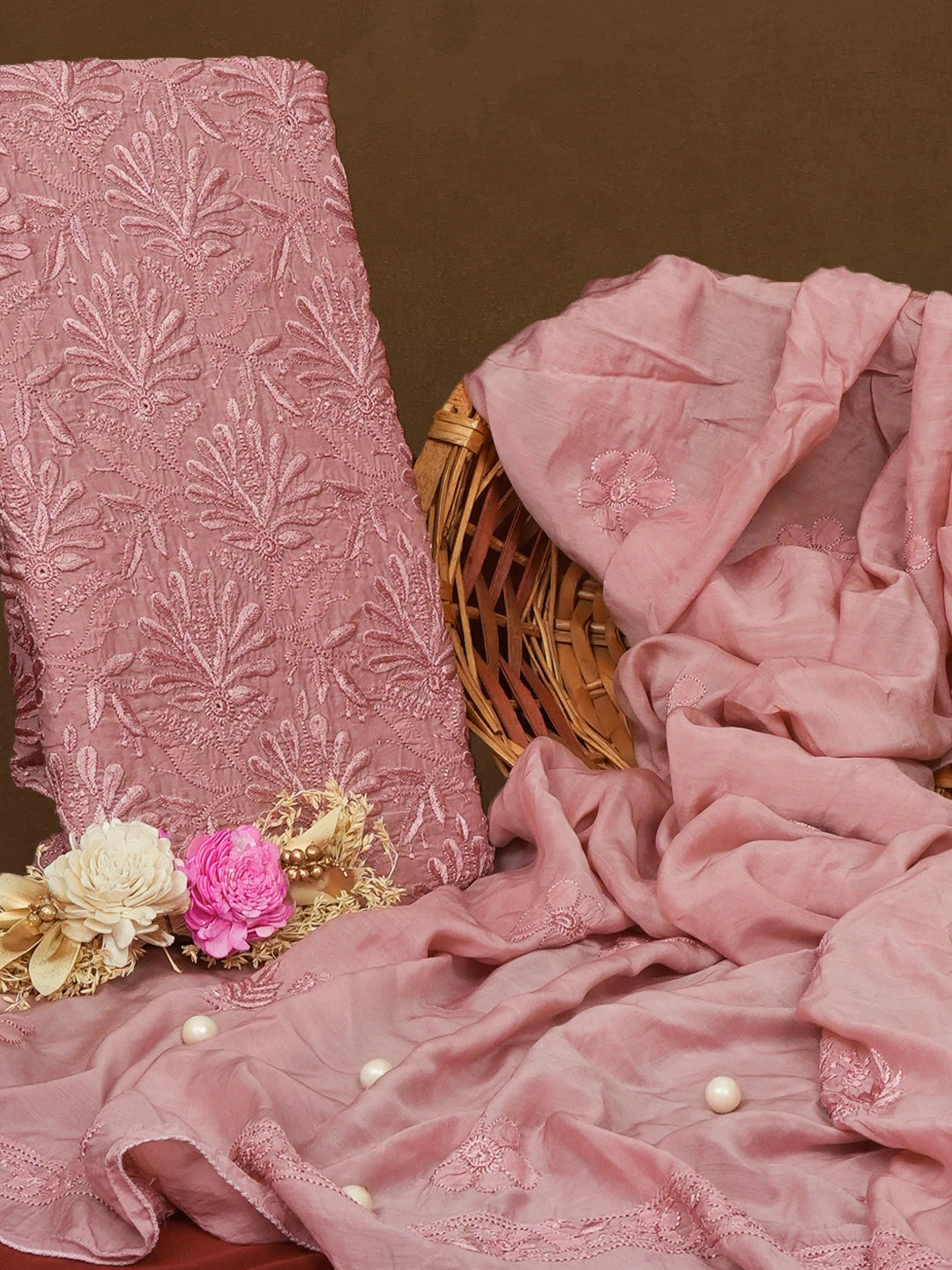 Ada Hand Embroidered Dusty Peach Muslin Lucknowi Chikankari Unstitched Kurta Dupatta Set 01A584968