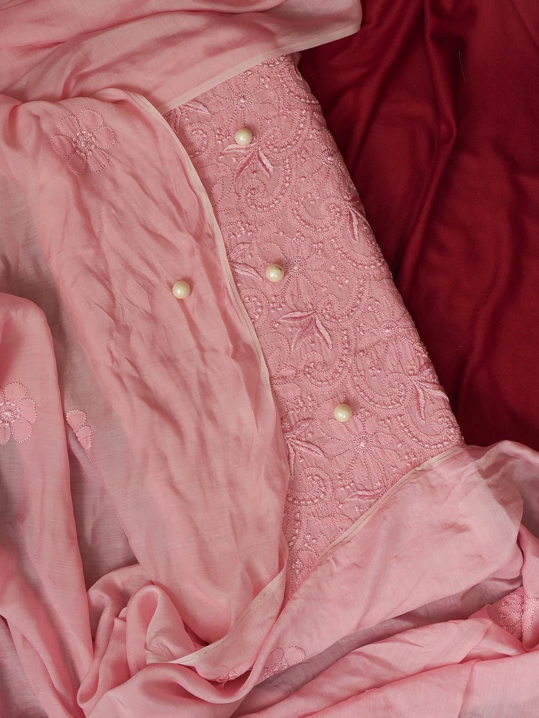 Ada Hand Embroidered Cherry Blossom Pink Muslin Lucknowi Chikankari Unstitched Kurta Dupatta Set 01A584987