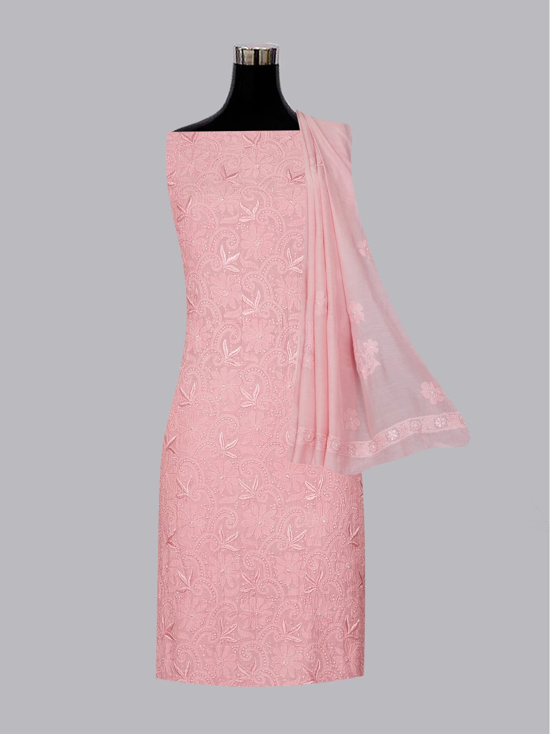 Ada Hand Embroidered Cherry Blossom Pink Muslin Lucknowi Chikankari Unstitched Kurta Dupatta Set 01A584987