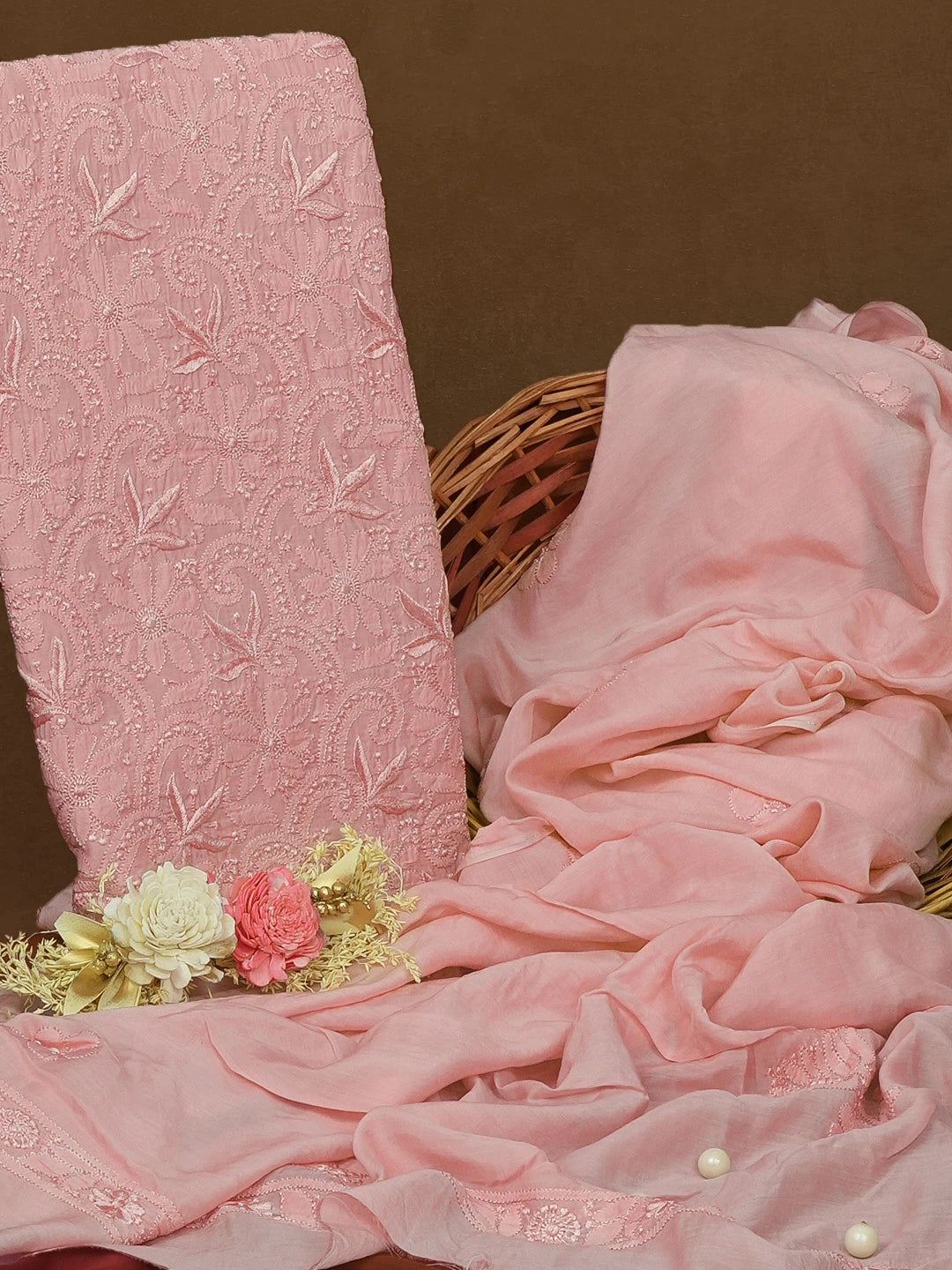 Ada Hand Embroidered Cherry Blossom Pink Muslin Lucknowi Chikankari Unstitched Kurta Dupatta Set 01A584987