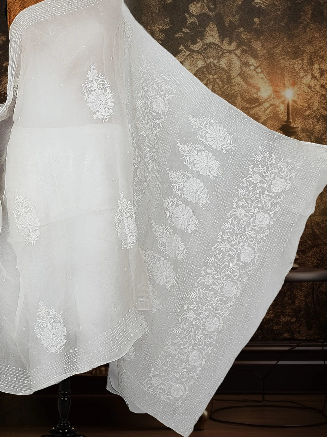 Ada Hand Embroidered White Organza Lucknowi Chikankari Saree and Blouse With Pearl Work 01A550496