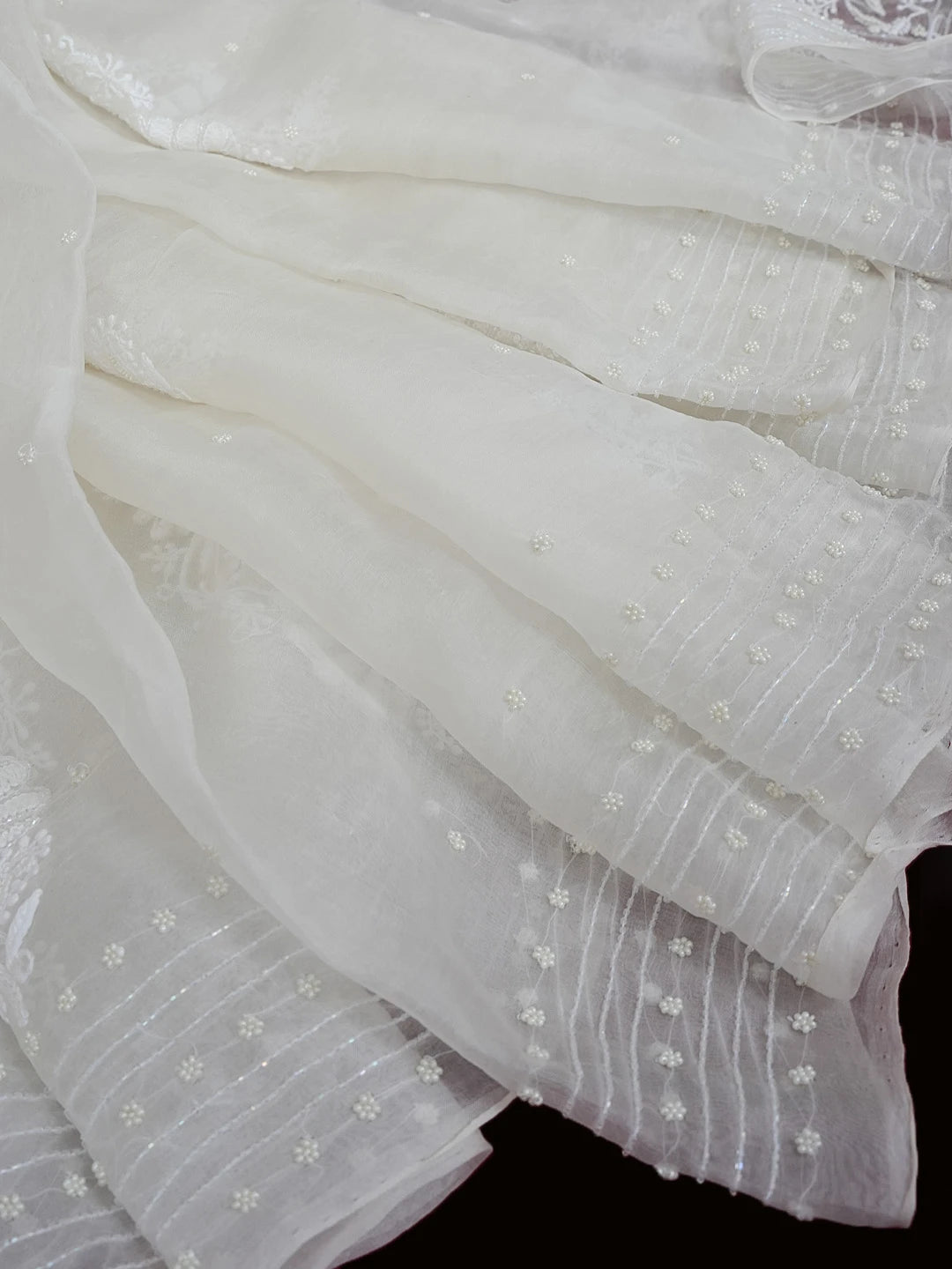 Ada Hand Embroidered White Organza Lucknowi Chikankari Saree and Blouse With Pearl Work 01A550496