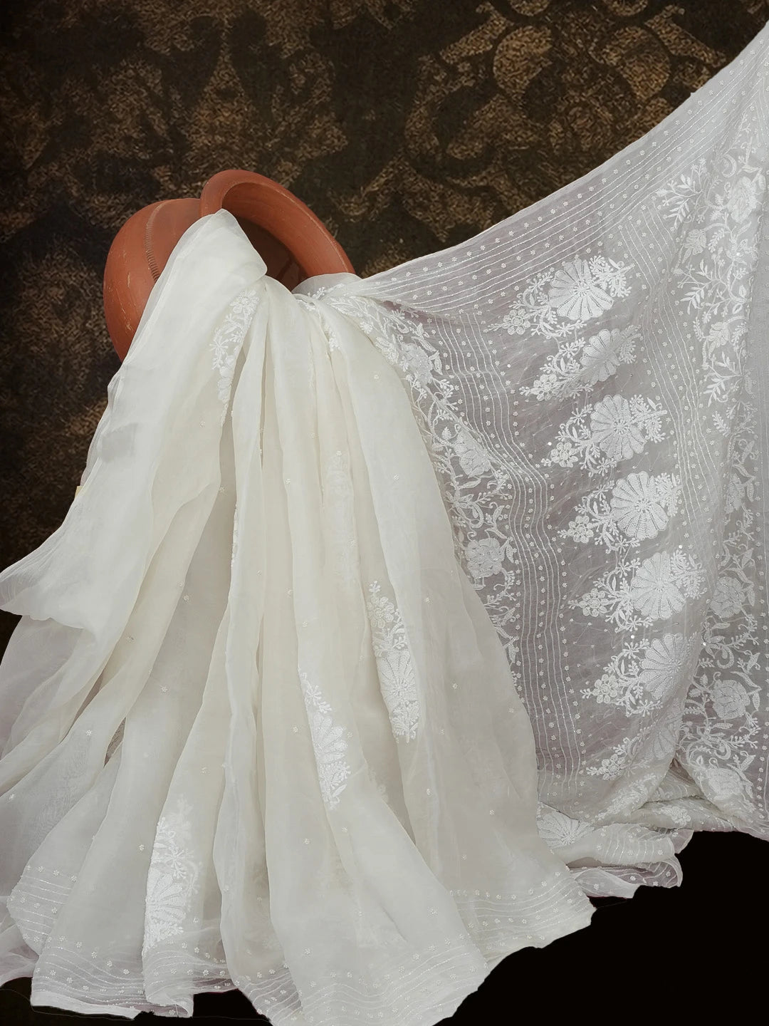 Ada Hand Embroidered White Organza Lucknowi Chikankari Saree and Blouse With Pearl Work 01A550496