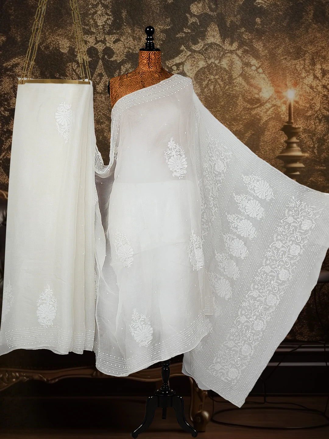 Ada Hand Embroidered White Organza Lucknowi Chikankari Saree and Blouse With Pearl Work 01A550496