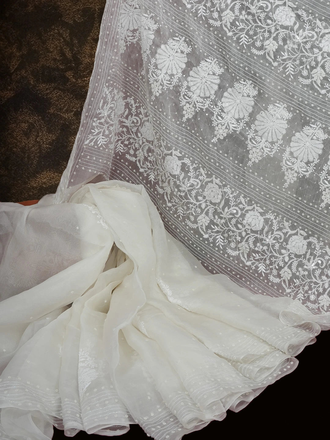 Ada Hand Embroidered White Organza Lucknowi Chikankari Saree and Blouse With Pearl Work 01A550496