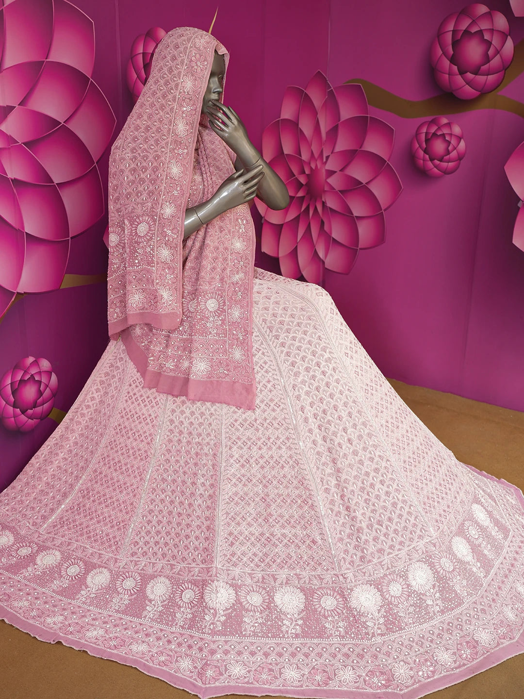 Ada Hand Embroidered Lavender PInk Pure Georgette Lucknowi Chikankari Lehenga Set With Cutdana Work 01A539256