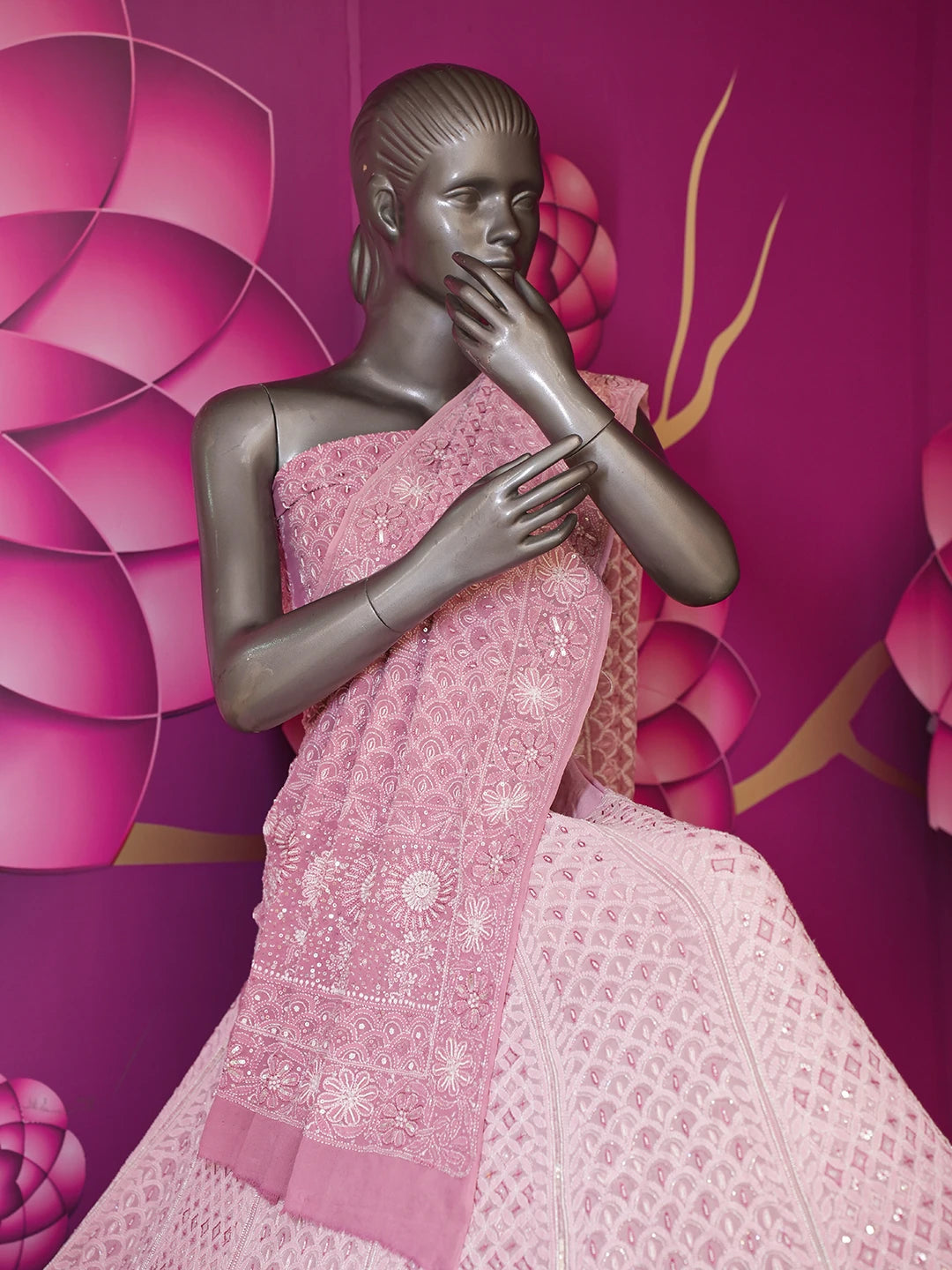Ada Hand Embroidered Lavender PInk Pure Georgette Lucknowi Chikankari Lehenga Set With Cutdana Work 01A539256