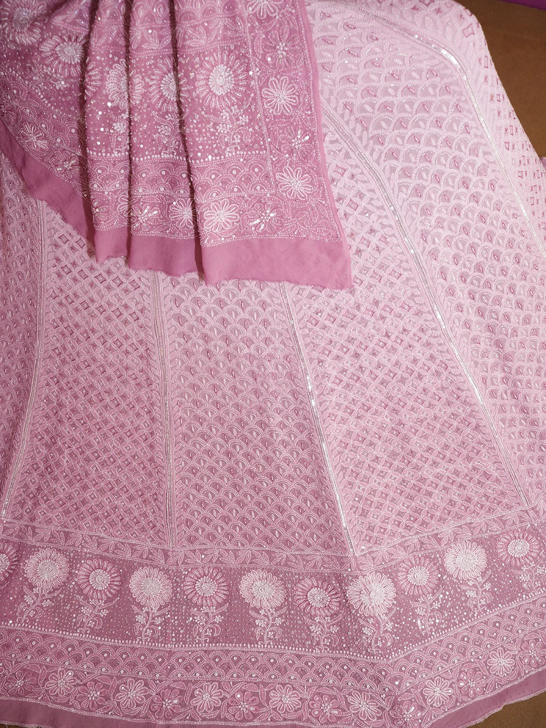 Ada Hand Embroidered Lavender PInk Pure Georgette Lucknowi Chikankari Lehenga Set With Cutdana Work 01A539256