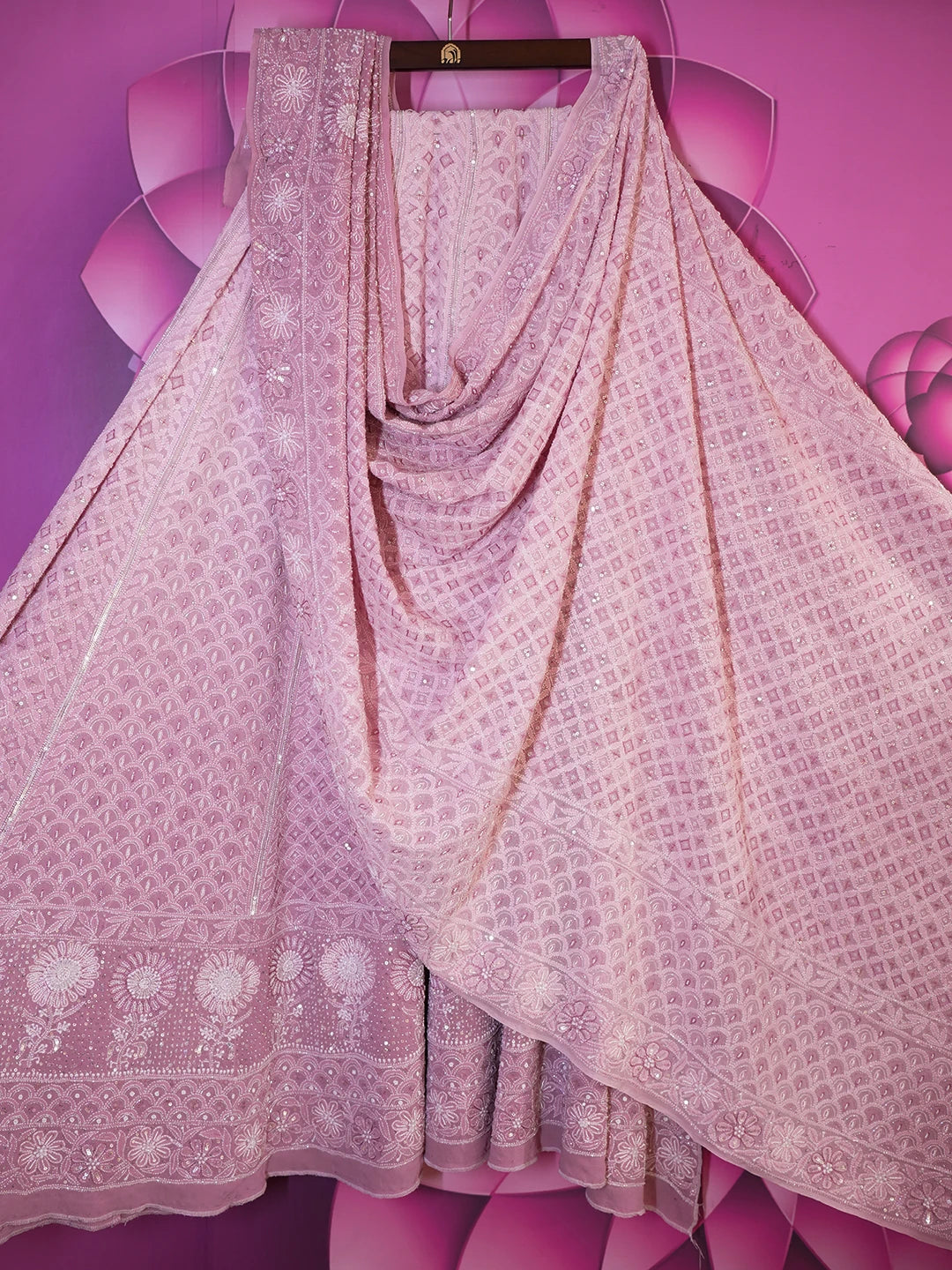 Ada Hand Embroidered Lavender PInk Pure Georgette Lucknowi Chikankari Lehenga Set With Cutdana Work 01A539256