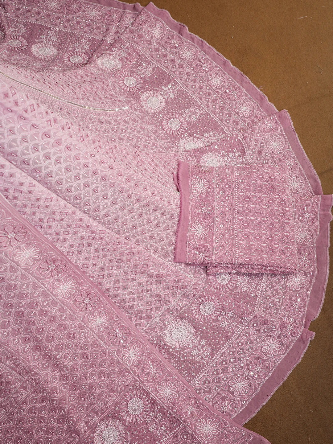 Ada Hand Embroidered Lavender PInk Pure Georgette Lucknowi Chikankari Lehenga Set With Cutdana Work 01A539256