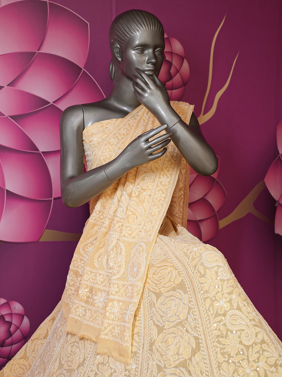 Ada Hand Embroidered Wheat brown Pure Georgette Lucknowi Chikankari Lehenga Set With Sequinned Work 01A426553