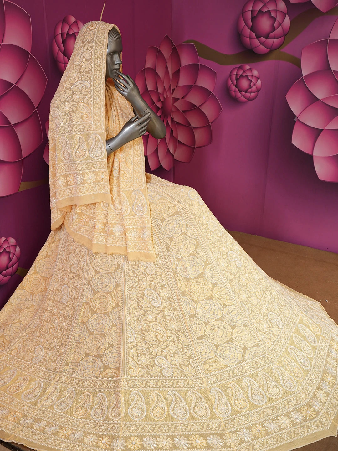 Ada Hand Embroidered Wheat brown Pure Georgette Lucknowi Chikankari Lehenga Set With Sequinned Work 01A426553