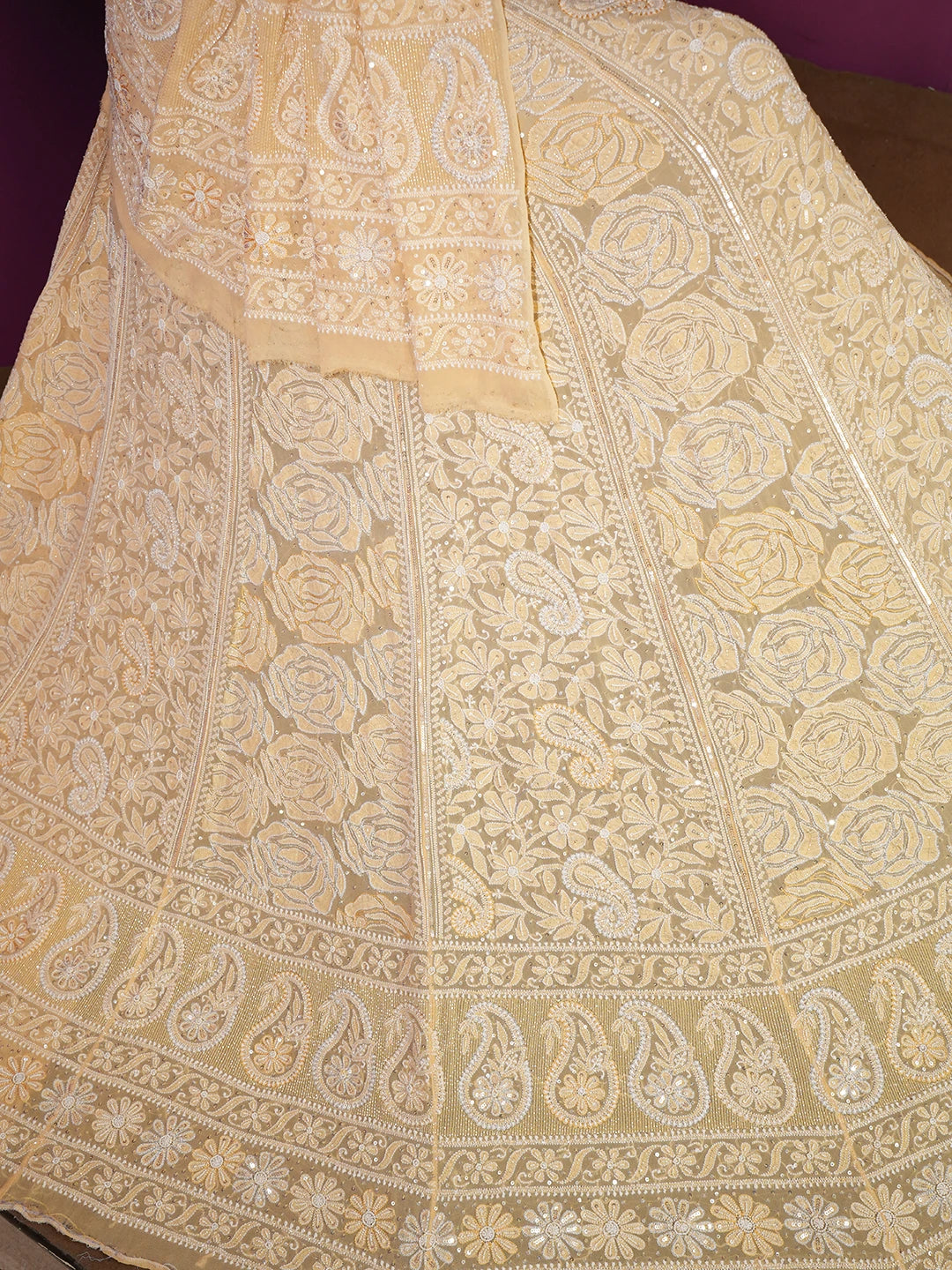 Ada Hand Embroidered Wheat brown Pure Georgette Lucknowi Chikankari Lehenga Set With Sequinned Work 01A426553