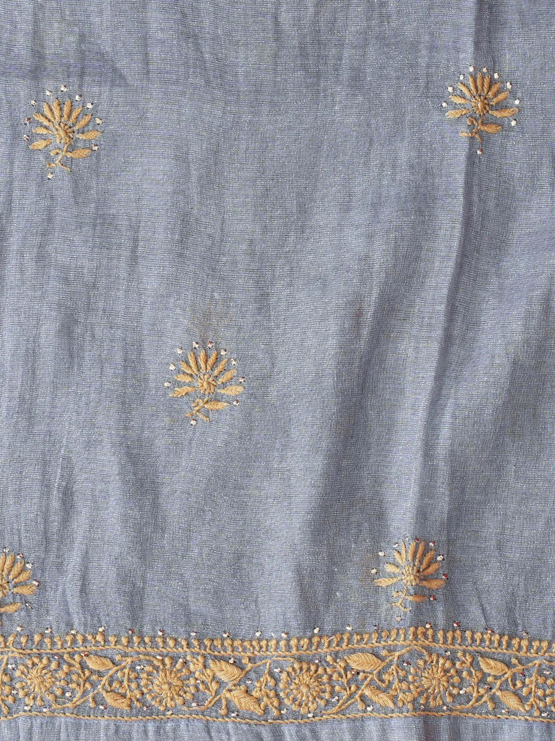 Ada Hand Embroidered Vista Blue Tissue Lucknowi Chikankari Semi-stitched Kurta Dupatta Set With Muqaish Work 01A558476