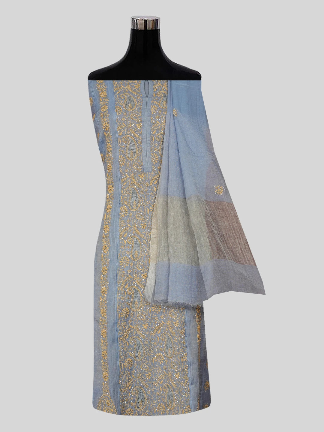 Ada Hand Embroidered Vista Blue Tissue Lucknowi Chikankari Semi-stitched Kurta Dupatta Set With Muqaish Work 01A558476